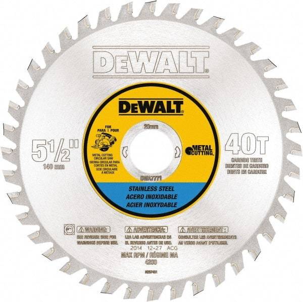 DeWALT - 5-1/2" Diam, 25/32" Arbor Hole Diam, 40 Tooth Wet & Dry Cut Saw Blade - Steel, Crosscutting Action, Standard Round Arbor - Exact Tool & Supply