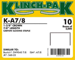 Klinch-Pak - 7/8" Long x 1-3/8" Wide, 0 Gauge Wide Crown Construction Staple - Steel, Copper Finish, Chisel Point - Exact Tool & Supply