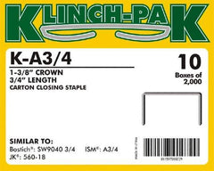Klinch-Pak - 3/4" Long x 1-3/8" Wide, 0 Gauge Wide Crown Construction Staple - Steel, Copper Finish, Chisel Point - Exact Tool & Supply