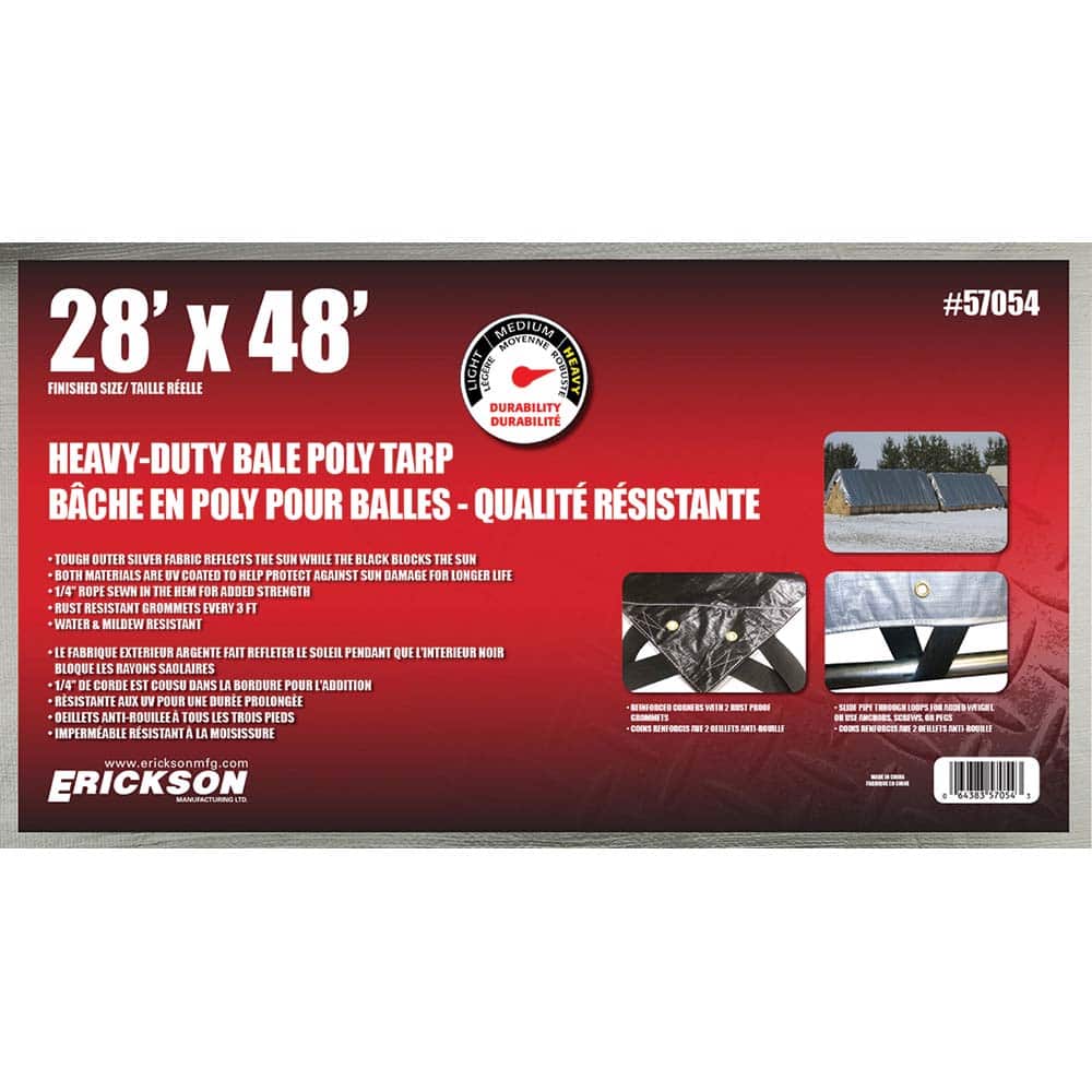 Erickson Manufacturing - Tarps & Dust Covers; Material: Polyethylene ; Width (Feet): 28.00 ; Grommet: Yes ; Color: Silver ; Length: 48 - Exact Tool & Supply