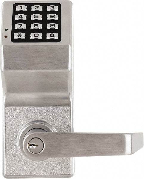 Alarm Lock - Combination Entry Lever Lockset with Key Override - 2-3/4" Back Set, Steel, Brushed Chrome Finish - Exact Tool & Supply