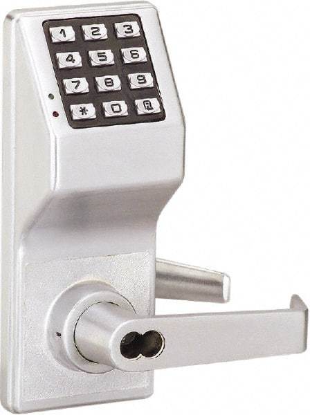 Alarm Lock - Combination Entry Lever Lockset with Key Override - 2-3/4" Back Set, Steel, Brushed Chrome Finish - Exact Tool & Supply