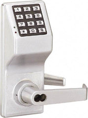 Alarm Lock - Combination Entry Lever Lockset with Key Override - 2-3/4" Back Set, Steel, Brushed Chrome Finish - Exact Tool & Supply