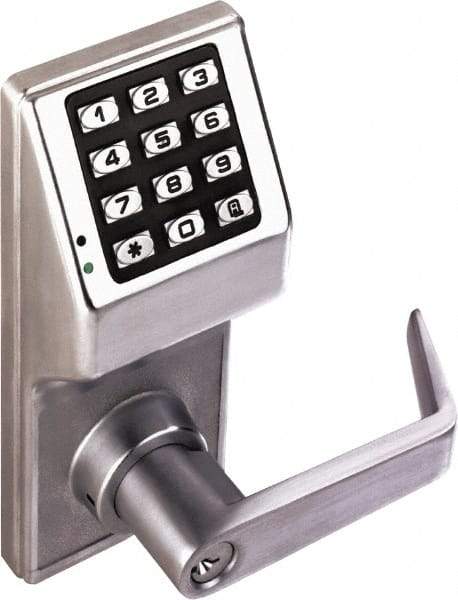 Alarm Lock - Combination Entry Lever Lockset with Key Override - 2-3/4" Back Set, Steel, Brushed Chrome Finish - Exact Tool & Supply