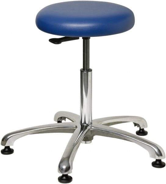 Bevco - 23" Wide x 23" Deep x 18-1/2 to 26" High, Steel Base, Versa Backless Stool Adjustable Height Swivel Stool with Polished Aluminum Base - Vinyl Seat, Blue, Mushroom Glides - Exact Tool & Supply