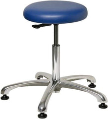 Bevco - 23" Wide x 23" Deep x 18-1/2 to 26" High, Steel Base, Versa Backless Stool Adjustable Height Swivel Stool with Polished Aluminum Base - Vinyl Seat, Blue, Mushroom Glides - Exact Tool & Supply