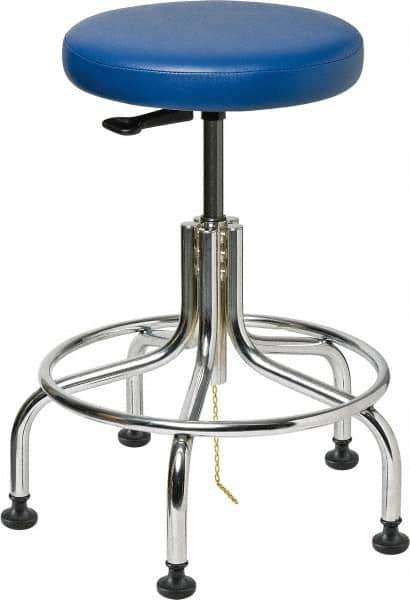Bevco - 22" Wide x 22" Deep x 19 to 24" High, Steel Base, Versa ESD Backless Adjustable Height Swivel Stool with Chrome Steel Base - Vinyl Seat, Blue, Footring, Mushroom Glides - Exact Tool & Supply