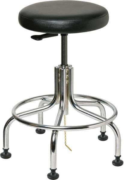 Bevco - 22" Wide x 22" Deep x 19 to 24" High, Steel Base, Versa ESD Backless Adjustable Height Swivel Stool with Chrome Steel Base - Vinyl Seat, Black, Footring, Mushroom Glides - Exact Tool & Supply