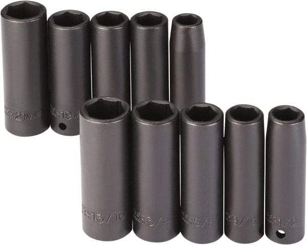 Proto - 10 Piece 1/2" Drive Black Finish Deep Well Impact Socket Set - 6 Points, 1/2" to 13/16" (13mm to 21mm) Range, Inch/Metric Measurement Standard - Exact Tool & Supply
