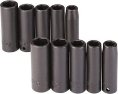 Proto - 10 Piece 1/2" Drive Black Finish Deep Well Impact Socket Set - 6 Points, 1/2" to 13/16" (13mm to 21mm) Range, Inch/Metric Measurement Standard - Exact Tool & Supply