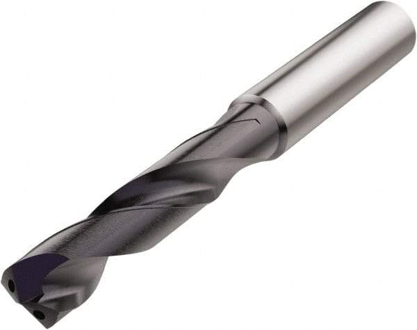 Seco - 3/4" 140° Spiral Flute Solid Carbide Screw Machine Drill Bit - TiAlN Finish, Right Hand Cut, 79mm Flute Length, 131mm OAL, Conical Point, Straight Shank, Through Coolant - Exact Tool & Supply