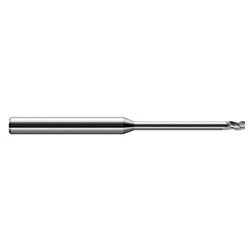 Miniature End Mills - Long Reach, Stub Flute - 0.0930″ (3/32″) Cutter Diameter × 0.0150″ (1/64″) Radius × 0.1390″ Length of Cut × 0.7500″ (3/4″) Reach Carbide Corner Radius End Mill, 3 Flutes - Exact Tool & Supply