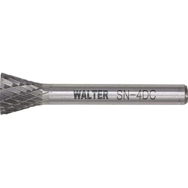 WALTER Surface Technologies - 1/4" Cut Diam, 1/4" Shank Diam, Inverted Cone Head Double Cut Burr - Tungsten Carbide, 3/4" LOC, 4-3/4" OAL - Exact Tool & Supply