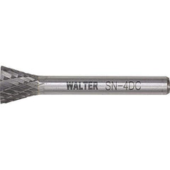 WALTER Surface Technologies - 1/4" Cut Diam, 1/4" Shank Diam, Inverted Cone Head Double Cut Burr - Tungsten Carbide, 3/4" LOC, 4-3/4" OAL - Exact Tool & Supply
