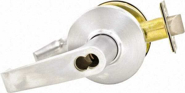 Stanley - Grade 1 Storeroom Lever Lockset for 1-3/4 to 2-1/4" Thick Doors - 2-3/4" Back Set, Small Format I/C Less Cylinder, Zinc Alloy with Brass Trim, Satin Chrome Finish - Exact Tool & Supply