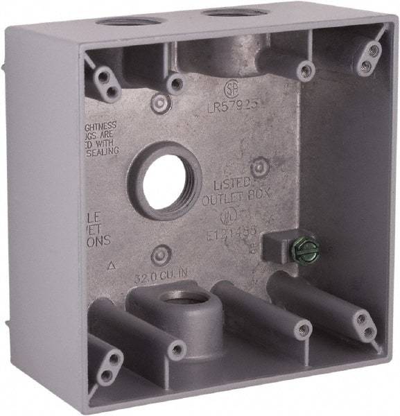 Hubbell-Raco - 2 Gang, (4) 1/2" Knockouts, Aluminum Square Device Box - 4-1/2" Overall Height x 2-1/4" Overall Depth, Weather Resistant - Exact Tool & Supply