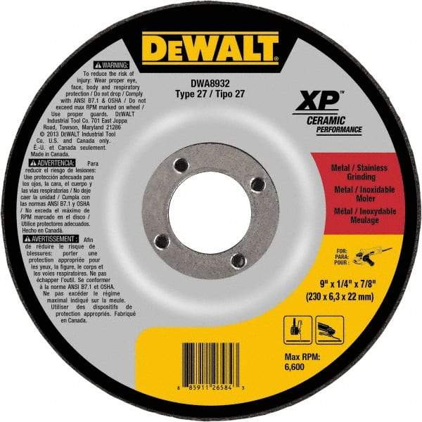 DeWALT - 24 Grit, 9" Wheel Diam, 7/8" Arbor Hole, Type 27 Depressed Center Wheel - Coarse/Medium Grade, Ceramic, N Hardness, 6,600 Max RPM - Exact Tool & Supply