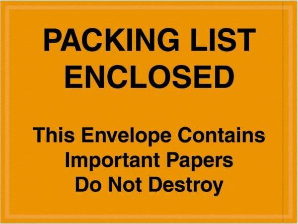 Value Collection - 1,000 Piece, 4-1/2" Long x 6" Wide, Packing List Envelope - Important Papers Enclosed, Orange - Exact Tool & Supply
