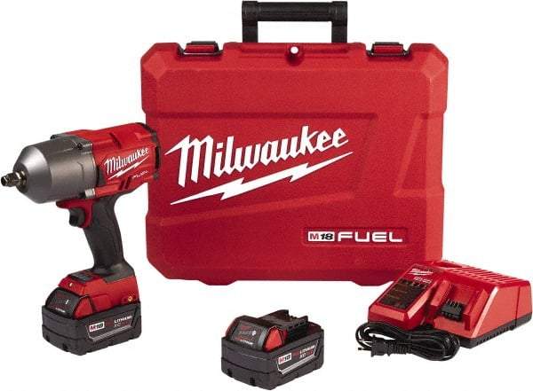Milwaukee Tool - 1/2" Drive 18 Volt Pistol Grip Cordless Impact Wrench & Ratchet - 1,750 RPM, 0 to 2,100 BPM, 1,000 Ft/Lb Torque, 2 Lithium-Ion Batteries Included - Exact Tool & Supply
