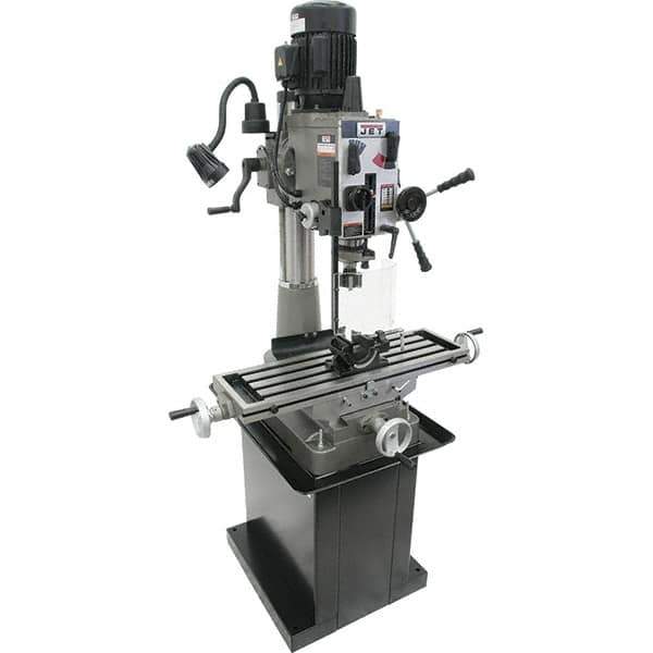 Jet - 1 Phase, 20-1/2" Swing, Geared Head Mill Drill Combination - 32-1/4" Table Length x 9-1/2" Table Width, 20-1/2" Longitudinal Travel, 8-1/4" Cross Travel, 6 Spindle Speeds, 1.5 hp, 115/230 Volts - Exact Tool & Supply