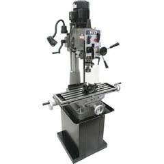 Jet - 1 Phase, 20-1/2" Swing, Geared Head Mill Drill Combination - 32-1/4" Table Length x 9-1/2" Table Width, 20-1/2" Longitudinal Travel, 8-1/4" Cross Travel, 6 Spindle Speeds, 1.5 hp, 115/230 Volts - Exact Tool & Supply