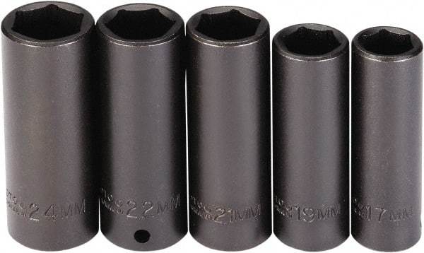 Proto - 5 Piece 1/2" Drive Black Finish Deep Well Socket Set - 6 Points, 17mm to 24mm Range, Metric Measurement Standard - Exact Tool & Supply