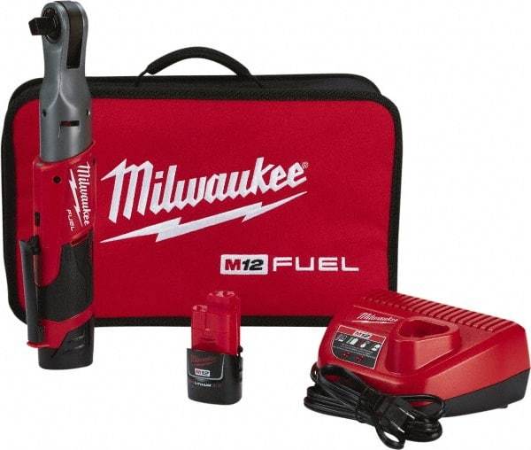 Milwaukee Tool - 1/2" Drive 12 Volt Pistol Grip Cordless Impact Wrench & Ratchet - 175 RPM, 60 Ft/Lb Torque, 2 Lithium-Ion Batteries Included - Exact Tool & Supply