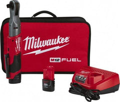 Milwaukee Tool - 1/2" Drive 12 Volt Pistol Grip Cordless Impact Wrench & Ratchet - 175 RPM, 60 Ft/Lb Torque, 2 Lithium-Ion Batteries Included - Exact Tool & Supply
