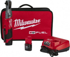 Milwaukee Tool - 3/8" Drive 12 Volt Pistol Grip Cordless Impact Wrench & Ratchet - 200 RPM, 55 Ft/Lb Torque, 2 Lithium-Ion Batteries Included - Exact Tool & Supply