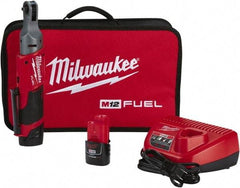 Milwaukee Tool - 1/4" Drive 12 Volt Pistol Grip Cordless Impact Wrench & Ratchet - 250 RPM, 40 Ft/Lb Torque, 2 Lithium-Ion Batteries Included - Exact Tool & Supply