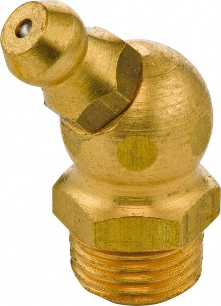 Umeta - 45° Head Angle, M10x1 Metric Brass Standard Grease Fitting - 11mm Hex, 25mm Overall Height, 5.5mm Shank Length - Exact Tool & Supply