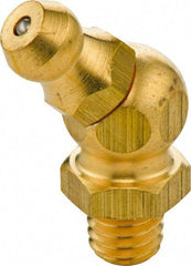 Umeta - 45° Head Angle, M8x1.25 Metric Brass Standard Grease Fitting - 9mm Hex, 23.5mm Overall Height, 5.5mm Shank Length - Exact Tool & Supply