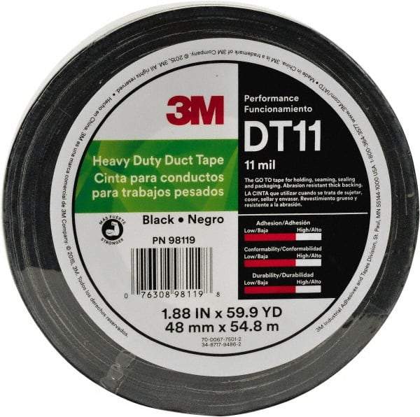 3M - 2" x 54.8m Silver Duct Tape - 11 mil, Rubber Adhesive, Polyethylene Film Backing, Series DT11 - Exact Tool & Supply