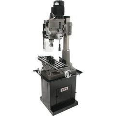 Jet - 1 Phase, 19-11/16" Swing, Geared Head Mill Drill Combination - 32-1/4" Table Length x 9-1/2" Table Width, 20-1/2" Longitudinal Travel, 8-1/4" Cross Travel, 6 Spindle Speeds, 1.5 hp, 115/230 Volts - Exact Tool & Supply