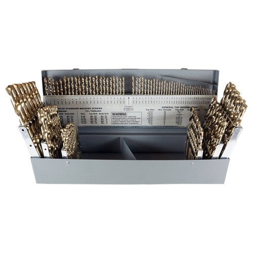 ‎1/16-1/2, A-Z, #1-#60 RHS / RHC HSS-CO 8% (M42) 135 Degree Split Point Heavy Duty Cobalt Jobber Length Drill Set - Straw / Gold Oxide - Exact Tool & Supply