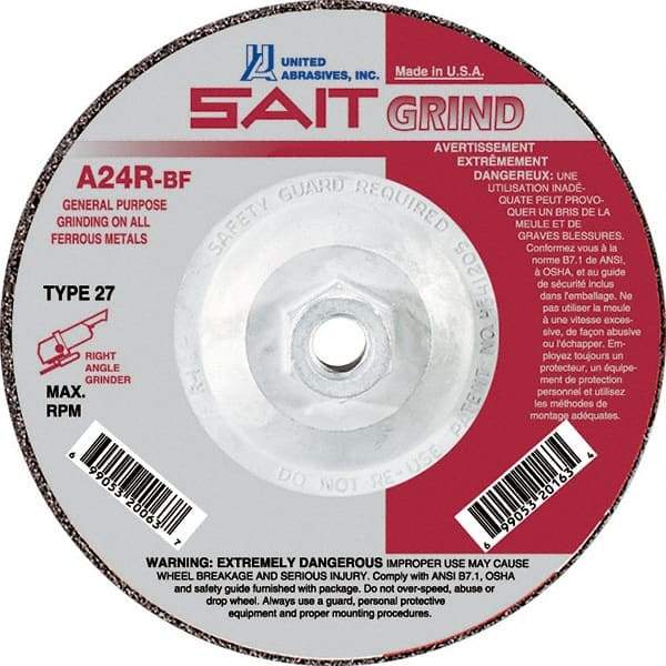 Sait - 24 Grit, 4-1/2" Wheel Diam, 1/4" Wheel Thickness, Type 27 Depressed Center Wheel - Aluminum Oxide, Resinoid Bond, R Hardness, 13,300 Max RPM, Compatible with Angle Grinder - Exact Tool & Supply