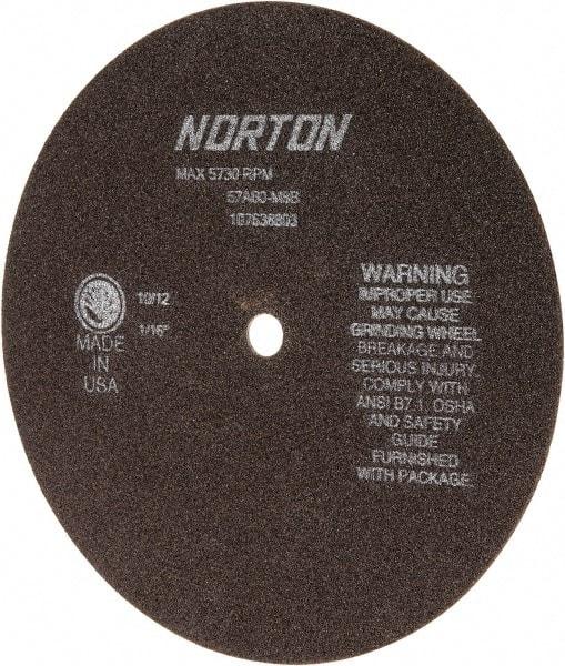 Norton - 8" 60 Grit Aluminum Oxide Cutoff Wheel - 1/16" Thick, 1/2" Arbor, 5,730 Max RPM, Use with Stationary Grinders - Exact Tool & Supply
