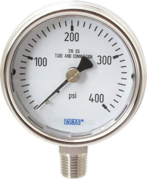 Wika - 2-1/2" Dial, 1/4 Thread, 0-400 Scale Range, Pressure Gauge - Lower Connection Mount, Accurate to 2-1-2% of Scale - Exact Tool & Supply