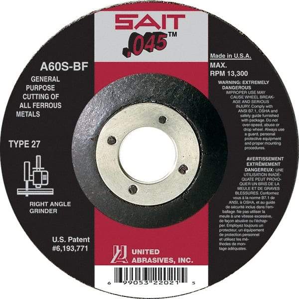 Sait - 60 Grit, 6" Wheel Diam, 7/8" Arbor Hole, Type 27 Depressed Center Wheel - Aluminum Oxide, Resinoid Bond, S Hardness, 10,200 Max RPM, Compatible with Angle Grinder - Exact Tool & Supply