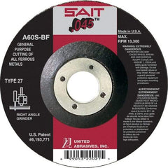 Sait - 60 Grit, 6" Wheel Diam, 7/8" Arbor Hole, Type 27 Depressed Center Wheel - Aluminum Oxide, Resinoid Bond, S Hardness, 10,200 Max RPM, Compatible with Angle Grinder - Exact Tool & Supply