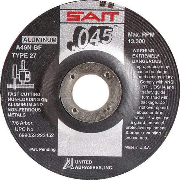 Sait - 46 Grit, 6" Wheel Diam, 7/8" Arbor Hole, Type 27 Depressed Center Wheel - Aluminum Oxide, Resinoid Bond, N Hardness, 10,200 Max RPM, Compatible with Angle Grinder - Exact Tool & Supply