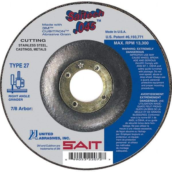 Sait - 6" Wheel Diam, 7/8" Arbor Hole, Type 27 Depressed Center Wheel - Ceramic, Resinoid Bond, 10,200 Max RPM, Compatible with Angle Grinder - Exact Tool & Supply
