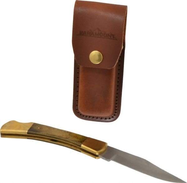 Paramount - 3-3/4" Blade, 8-1/2" OAL, Clip Point Folding Knife - 4-3/4" Closed Length, Wood, 1 Blade, Solid Brass Bolsters & Pins/Leather Sheath - Exact Tool & Supply