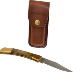 Paramount - 3-3/4" Blade, 8-1/2" OAL, Clip Point Folding Knife - 4-3/4" Closed Length, Wood, 1 Blade, Solid Brass Bolsters & Pins/Leather Sheath - Exact Tool & Supply