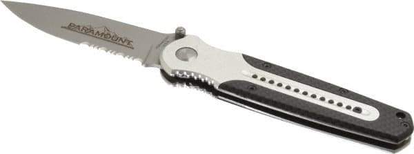 Paramount - 3-3/8" Blade, 8" OAL, Partially Serrated Liner Lock Folding Knife - 4-5/8" Closed Length, Aluminum, 1 Blade, Semi Serrated Blade - Exact Tool & Supply