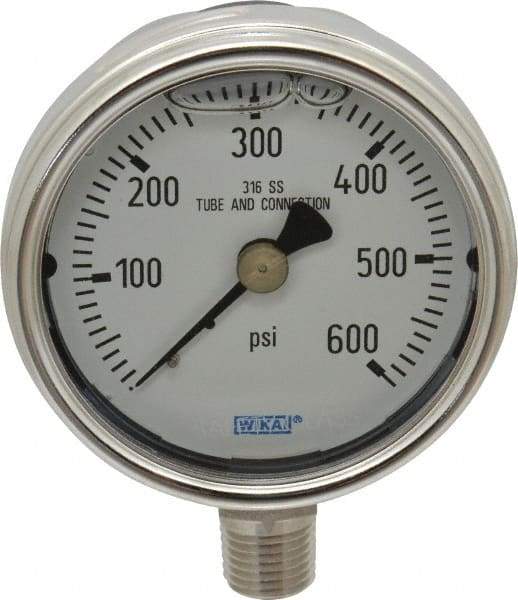 Wika - 2-1/2" Dial, 1/4 Thread, 0-600 Scale Range, Pressure Gauge - Lower Connection Mount, Accurate to 2-1-2% of Scale - Exact Tool & Supply