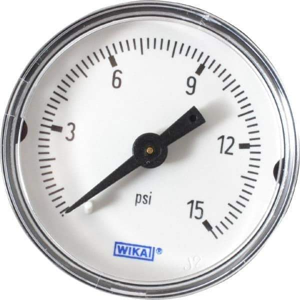 Wika - 1-1/2" Dial, 1/8 Thread, 0-15 Scale Range, Pressure Gauge - Center Back Connection Mount, Accurate to 3-2-3% of Scale - Exact Tool & Supply