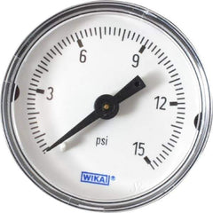Wika - 1-1/2" Dial, 1/8 Thread, 0-15 Scale Range, Pressure Gauge - Center Back Connection Mount, Accurate to 3-2-3% of Scale - Exact Tool & Supply