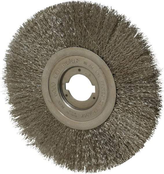 Weiler - 8" OD, 1-1/4" Arbor Hole, Crimped Stainless Steel Wheel Brush - 3/4" Face Width, 2-1/16" Trim Length, 0.0118" Filament Diam, 6,000 RPM - Exact Tool & Supply