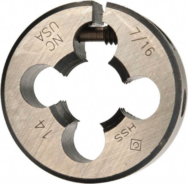 Cle-Line - 7/16-14 UNC Thread, 1" Outside Diam High Speed Steel Round Die - 3/8" Thick, Right Hand Thread, Adjustable - Exact Tool & Supply